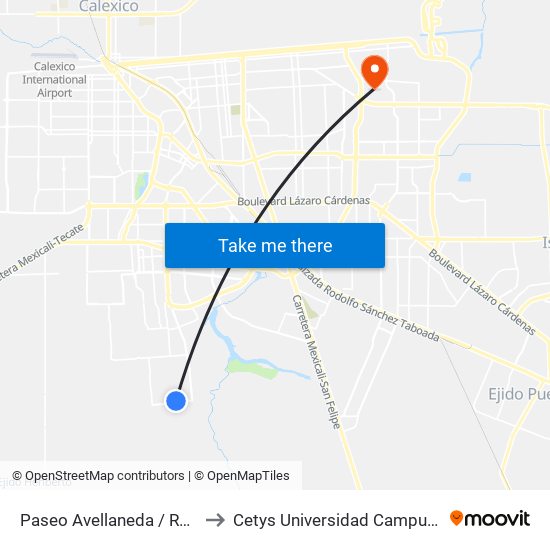 Paseo Avellaneda / Redondela to Cetys Universidad Campus Mexicali map