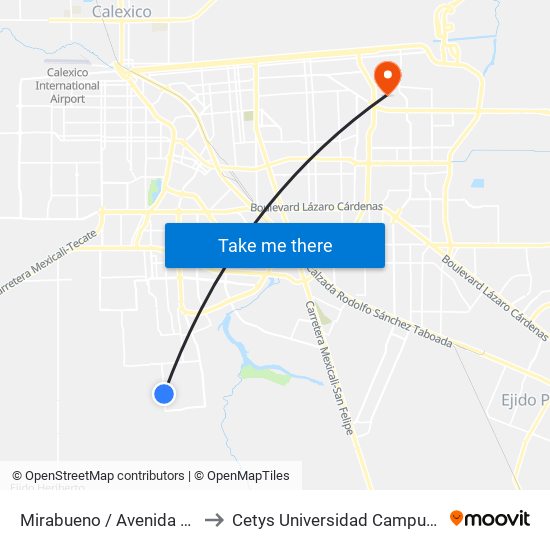 Mirabueno / Avenida Cisneros to Cetys Universidad Campus Mexicali map