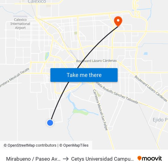 Mirabueno / Paseo Avellaneda to Cetys Universidad Campus Mexicali map
