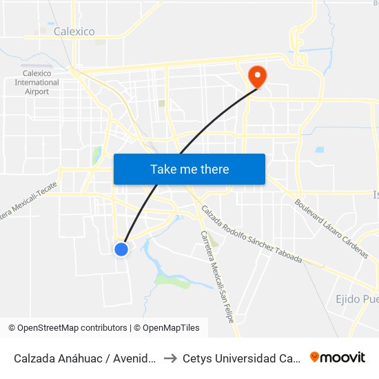 Calzada Anáhuac / Avenida Monte Castelo to Cetys Universidad Campus Mexicali map