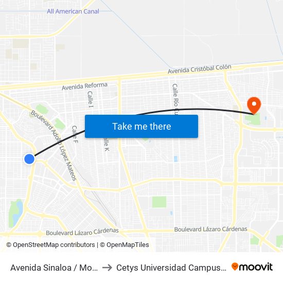 Avenida Sinaloa / Monterrey to Cetys Universidad Campus Mexicali map