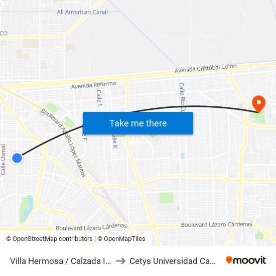 Villa Hermosa / Calzada Independencia to Cetys Universidad Campus Mexicali map