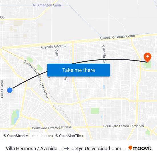 Villa Hermosa / Avenida Tamaulipas to Cetys Universidad Campus Mexicali map