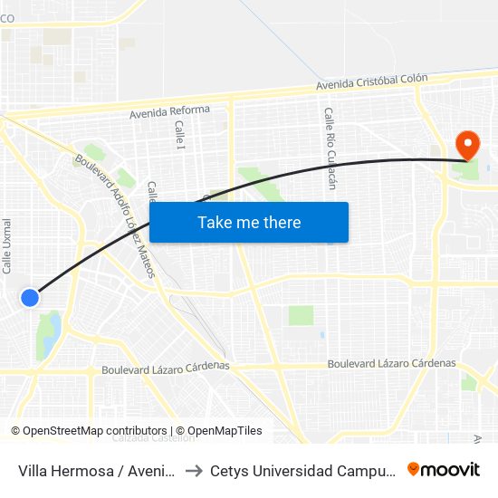 Villa Hermosa / Avenida Ixtlán to Cetys Universidad Campus Mexicali map