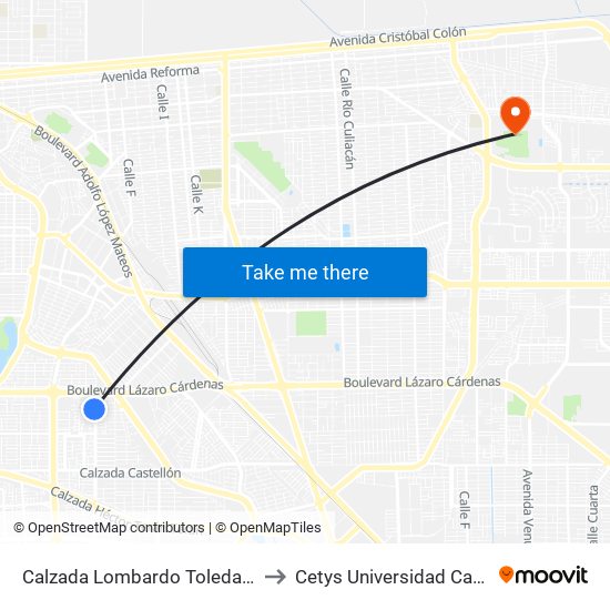 Calzada Lombardo Toledano / Encantadas to Cetys Universidad Campus Mexicali map