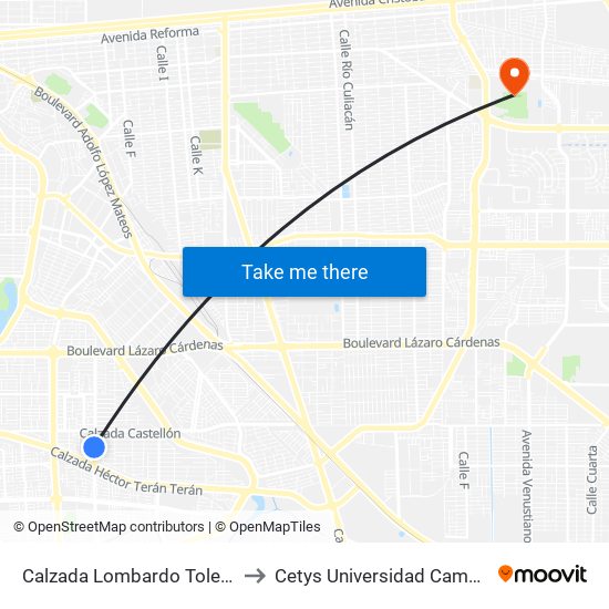 Calzada Lombardo Toledano / Jaén to Cetys Universidad Campus Mexicali map