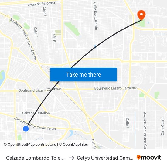 Calzada Lombardo Toledano / Coapa to Cetys Universidad Campus Mexicali map