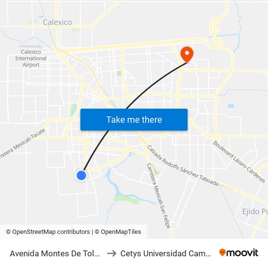 Avenida Montes De Toledo / Llanes to Cetys Universidad Campus Mexicali map