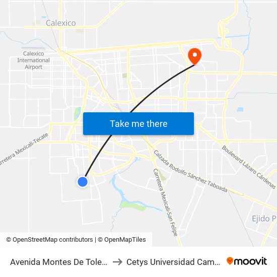 Avenida Montes De Toledo / Carreña to Cetys Universidad Campus Mexicali map