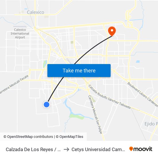 Calzada De Los Reyes / Villarobledo to Cetys Universidad Campus Mexicali map