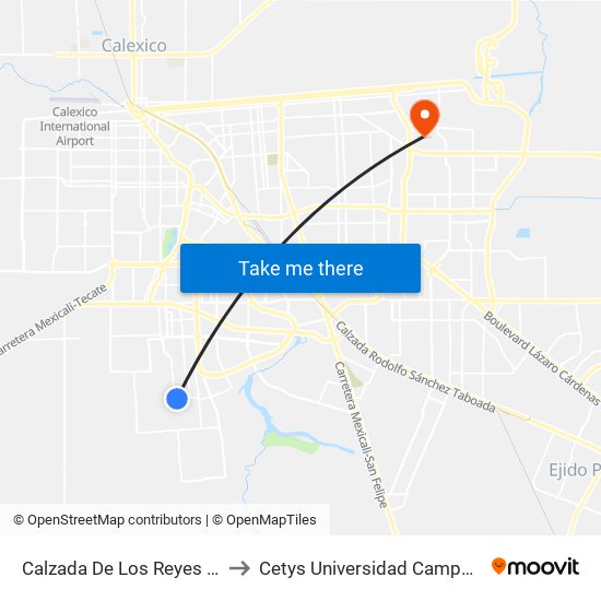 Calzada De Los Reyes / Primera to Cetys Universidad Campus Mexicali map