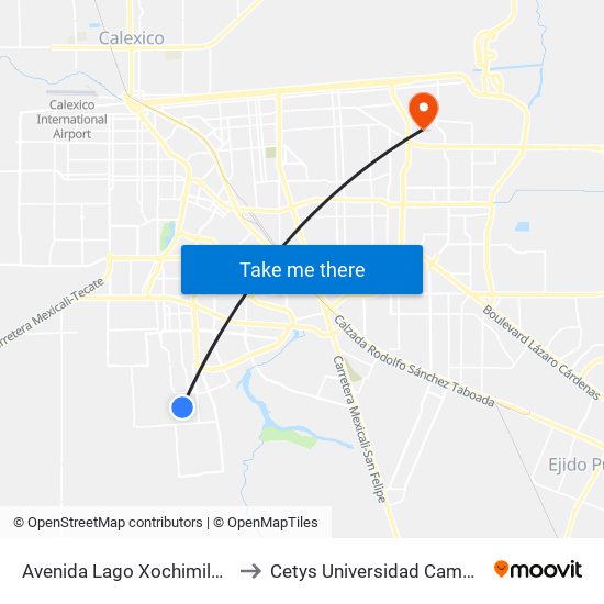 Avenida Lago Xochimilco / Tercera to Cetys Universidad Campus Mexicali map