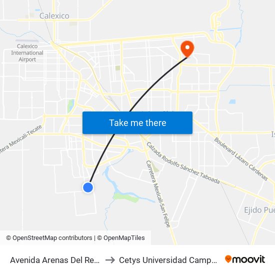 Avenida Arenas Del Rey / Estella to Cetys Universidad Campus Mexicali map