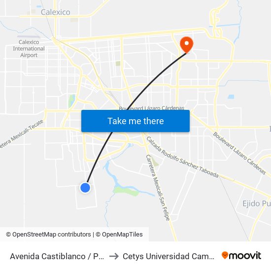 Avenida Castiblanco / Pinos Puente to Cetys Universidad Campus Mexicali map