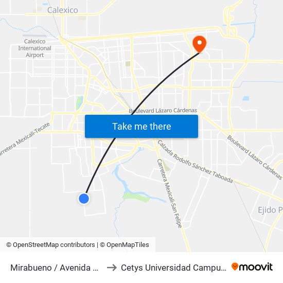 Mirabueno / Avenida Belmonte to Cetys Universidad Campus Mexicali map