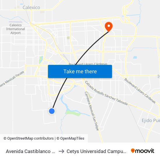 Avenida Castiblanco / Estella to Cetys Universidad Campus Mexicali map