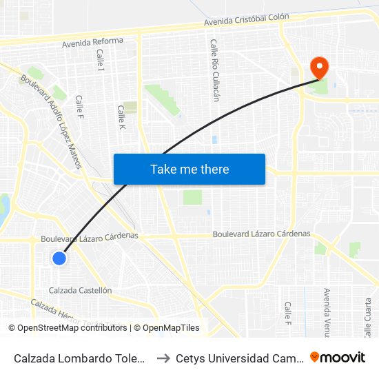 Calzada Lombardo Toledano / Orozco to Cetys Universidad Campus Mexicali map