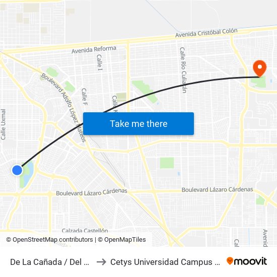 De La Cañada / Del Arroyo to Cetys Universidad Campus Mexicali map