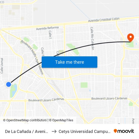 De La Cañada / Avenida Taxco to Cetys Universidad Campus Mexicali map