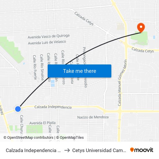 Calzada Independencia / Río Tijuana to Cetys Universidad Campus Mexicali map