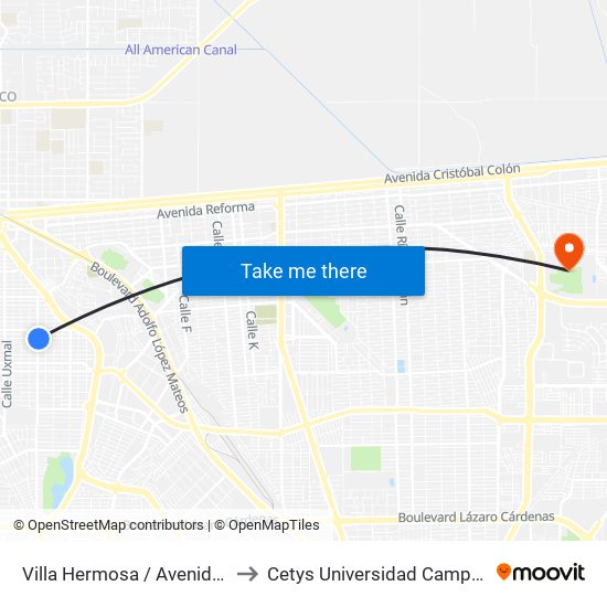 Villa Hermosa / Avenida Veracruz to Cetys Universidad Campus Mexicali map