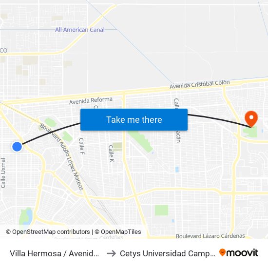 Villa Hermosa / Avenida Querétaro to Cetys Universidad Campus Mexicali map