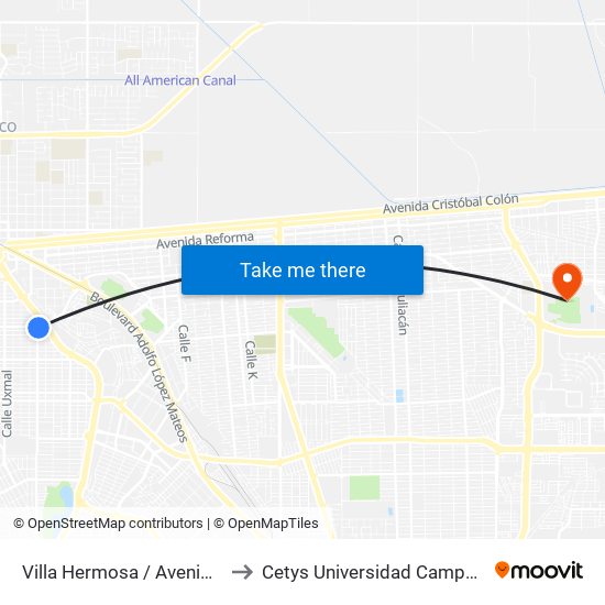 Villa Hermosa / Avenida Oaxaca to Cetys Universidad Campus Mexicali map