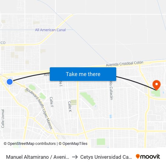 Manuel Altamirano / Avenida Benito Juárez to Cetys Universidad Campus Mexicali map