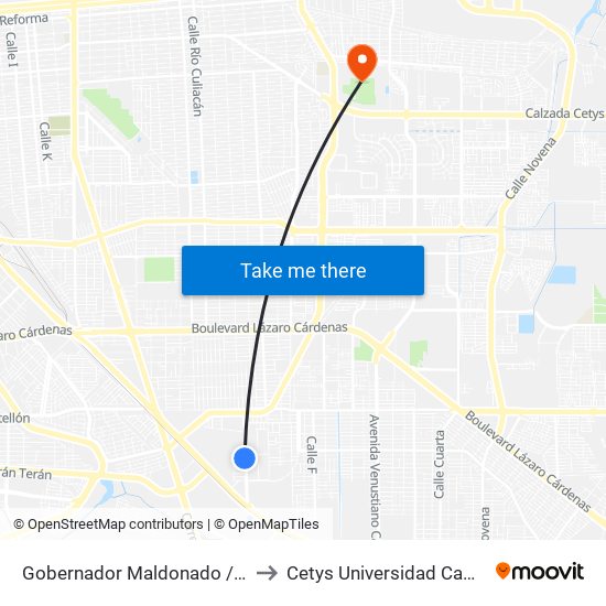 Gobernador Maldonado / Presa Becerra to Cetys Universidad Campus Mexicali map