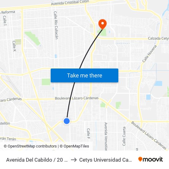 Avenida Del Cabildo / 20 De Noviembre to Cetys Universidad Campus Mexicali map