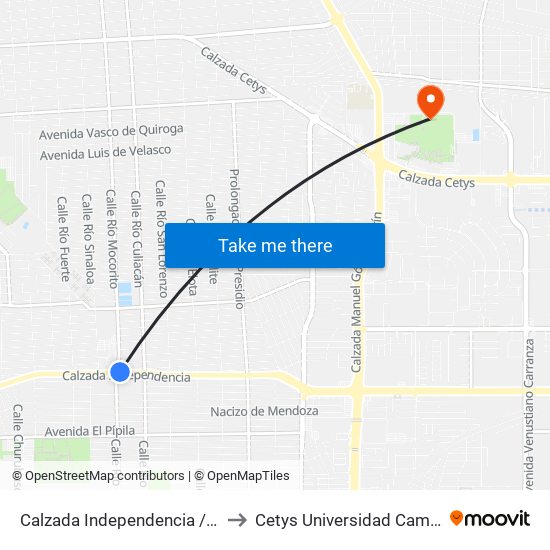Calzada Independencia / Río Mocorito to Cetys Universidad Campus Mexicali map