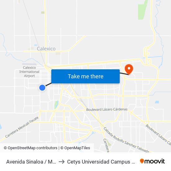 Avenida Sinaloa / Morelia to Cetys Universidad Campus Mexicali map