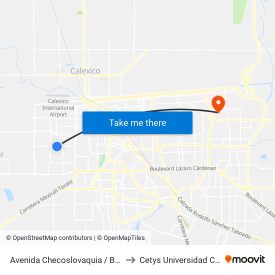 Avenida Checoslovaquia / Boulevard Luis Álvarez to Cetys Universidad Campus Mexicali map