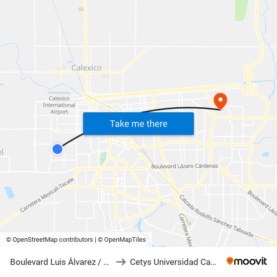 Boulevard Luis Álvarez / Jordania Norte to Cetys Universidad Campus Mexicali map