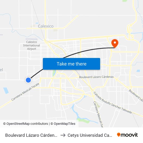 Boulevard Lázaro Cárdenas / Río Paraná to Cetys Universidad Campus Mexicali map