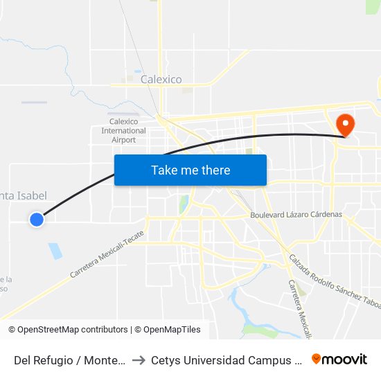 Del Refugio / Monte Xanic to Cetys Universidad Campus Mexicali map
