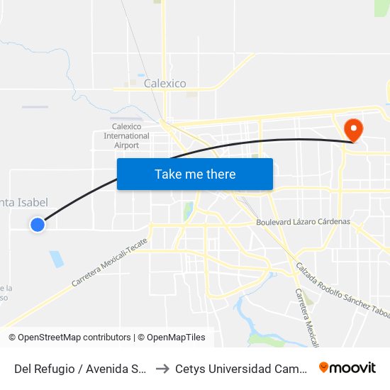 Del Refugio / Avenida San Cristóbal to Cetys Universidad Campus Mexicali map