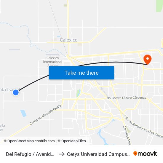 Del Refugio / Avenida Plutón to Cetys Universidad Campus Mexicali map