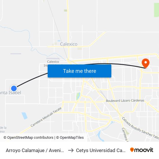 Arroyo Calamajue / Avenida El Portezuelo to Cetys Universidad Campus Mexicali map