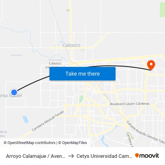 Arroyo Calamajue / Avenida Guayaquil to Cetys Universidad Campus Mexicali map