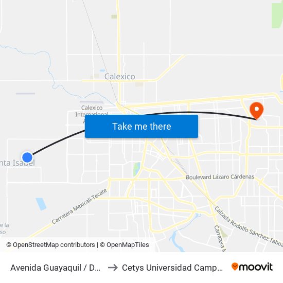 Avenida Guayaquil / Del Refugio to Cetys Universidad Campus Mexicali map