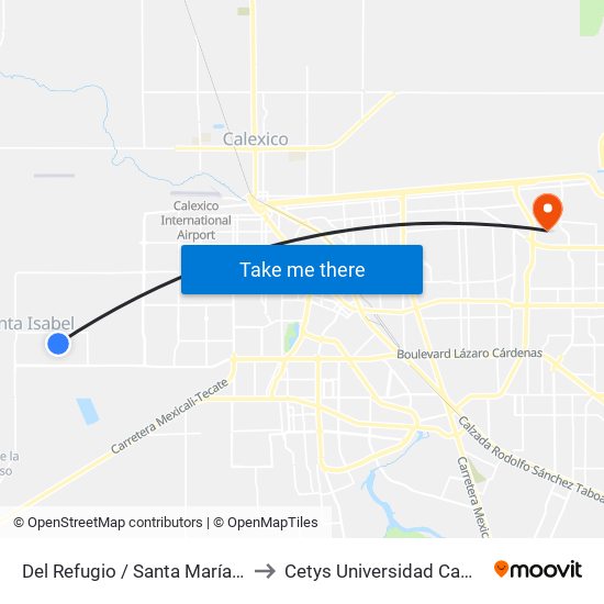 Del Refugio / Santa María De Guadalupe to Cetys Universidad Campus Mexicali map