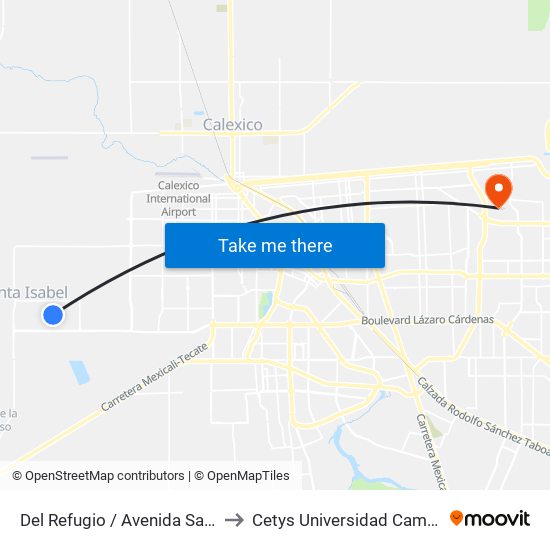 Del Refugio / Avenida Santa Verónica to Cetys Universidad Campus Mexicali map