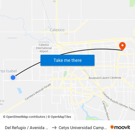 Del Refugio / Avenida San Pedro to Cetys Universidad Campus Mexicali map