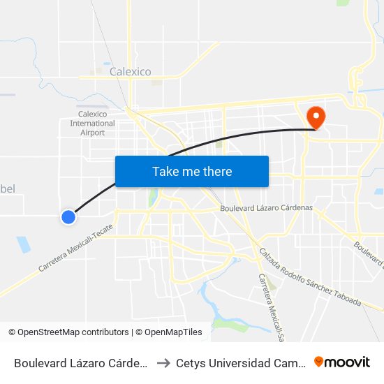Boulevard Lázaro Cárdenas / Río Nilo to Cetys Universidad Campus Mexicali map