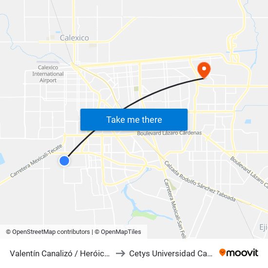 Valentín Canalizó / Heróico Colegio Militar to Cetys Universidad Campus Mexicali map