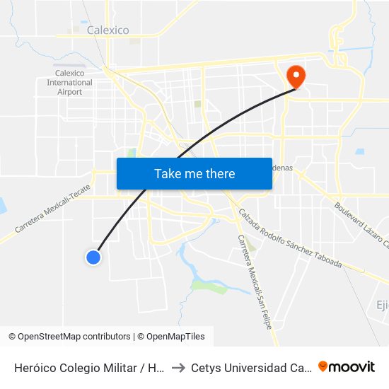 Heróico Colegio Militar / Hacienda Caracheo to Cetys Universidad Campus Mexicali map