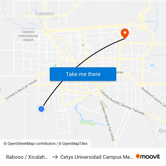 Raboso / Xicalahuata to Cetys Universidad Campus Mexicali map