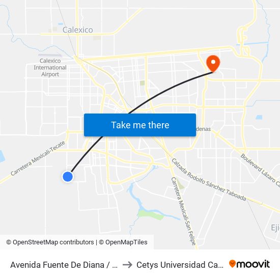 Avenida Fuente De Diana / Fuente De Musas to Cetys Universidad Campus Mexicali map