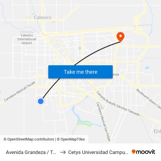 Avenida Grandeza / Tenacidad to Cetys Universidad Campus Mexicali map